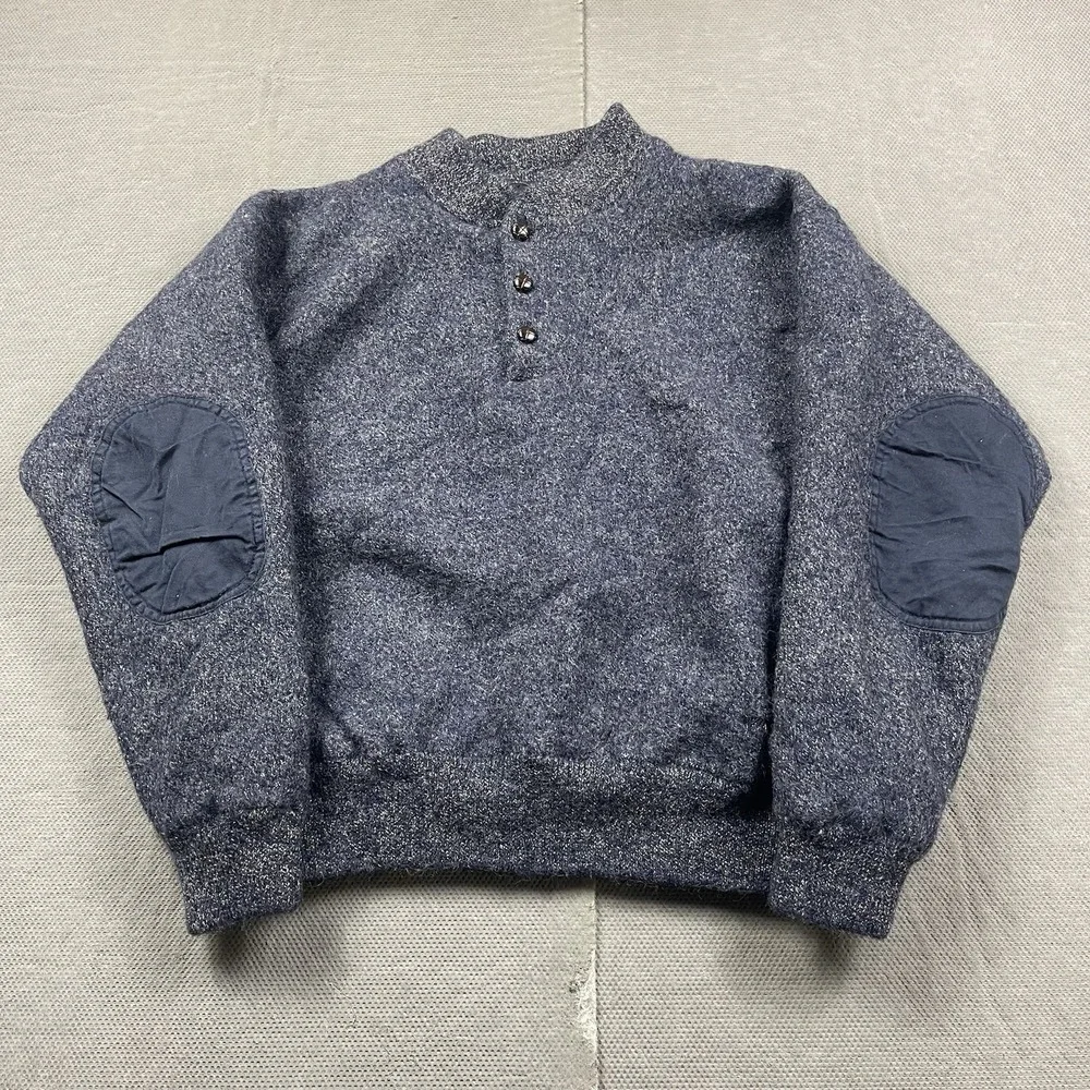 Cabelas Wool Sweater Mens Small* Blue Knit Pullover Henley Lined‎ Elbow Patch